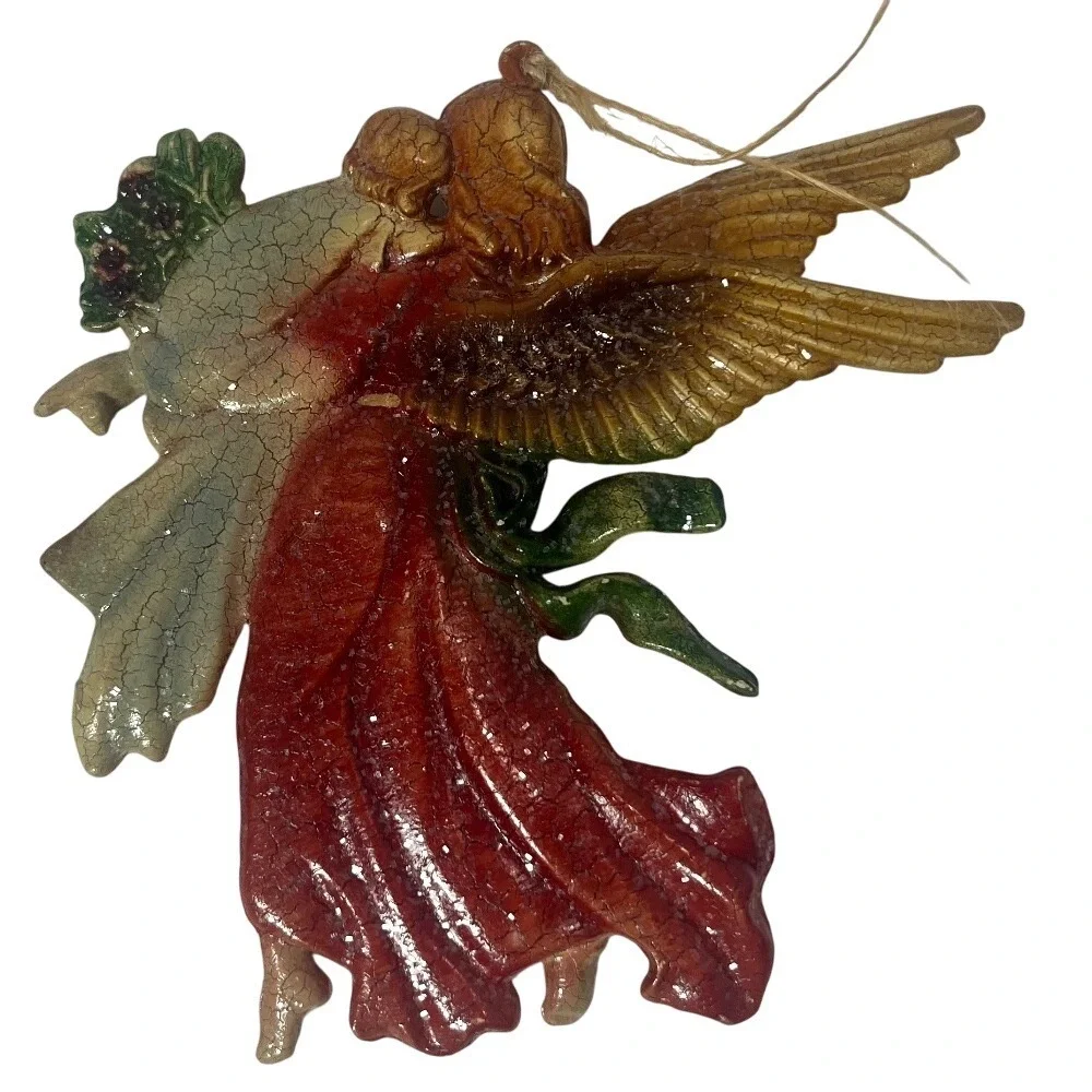 VTG Raised Flying Christmas Shimmering Gold Wing Angel Ornament Holding A Baby